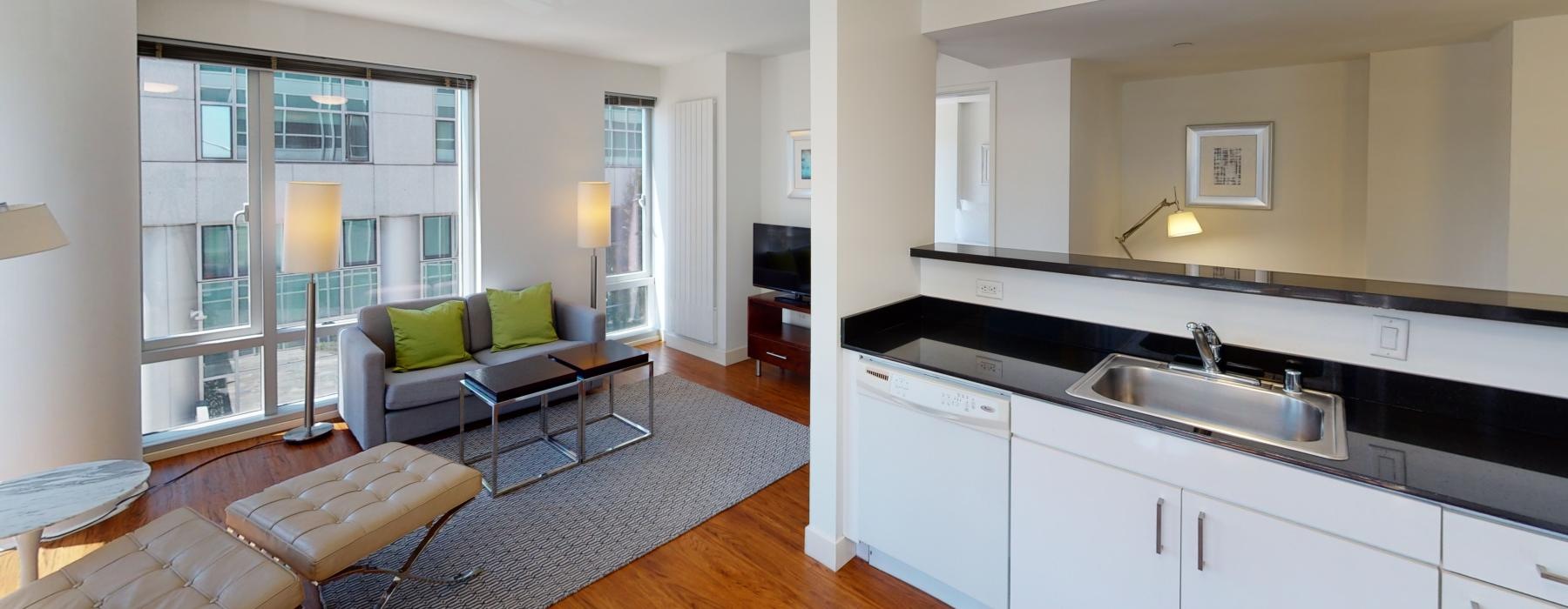 a living room with a sink and couches